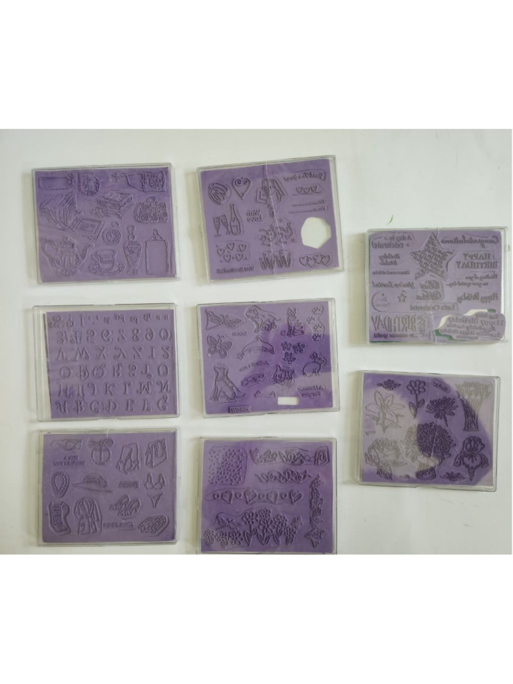Lot of 8 Rubber Stamp Sets, Dual Sided- 16 Themes, Mounts & Adhesive Pads